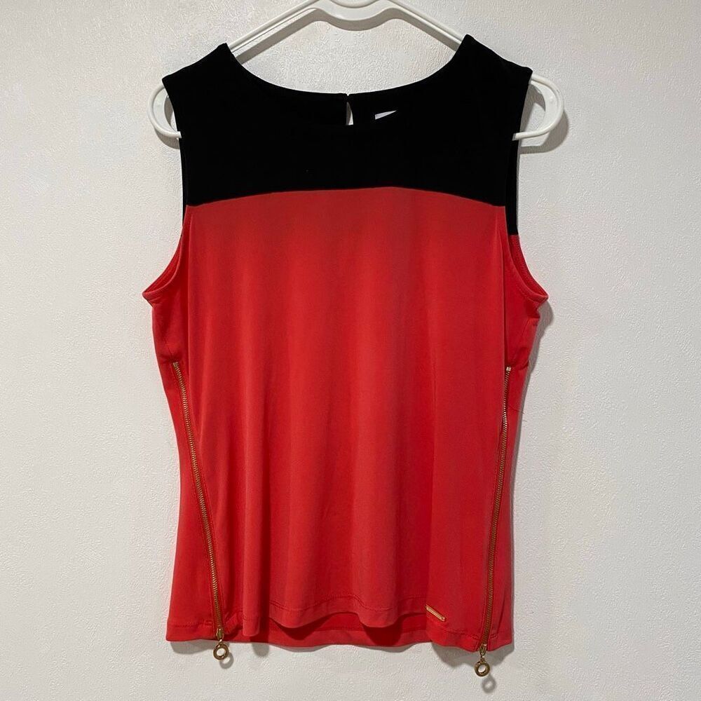 Calvin Klein Sleeveless Red Black Colorblock Top Gold Zipper Size S